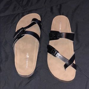 Black footbed sandal with leather straps